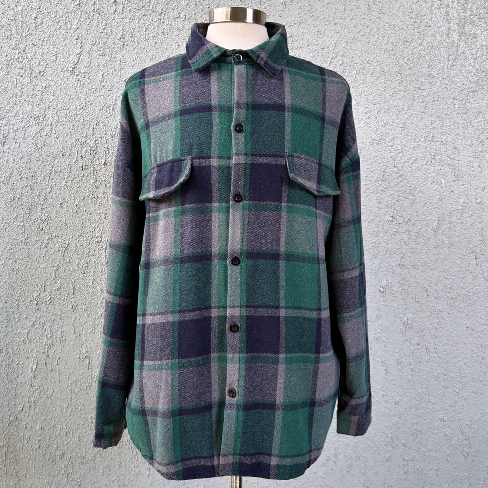 Shein Green Plaid Shirt Men's Size XL Flannel Blue Grey L/S Pockets Button Down